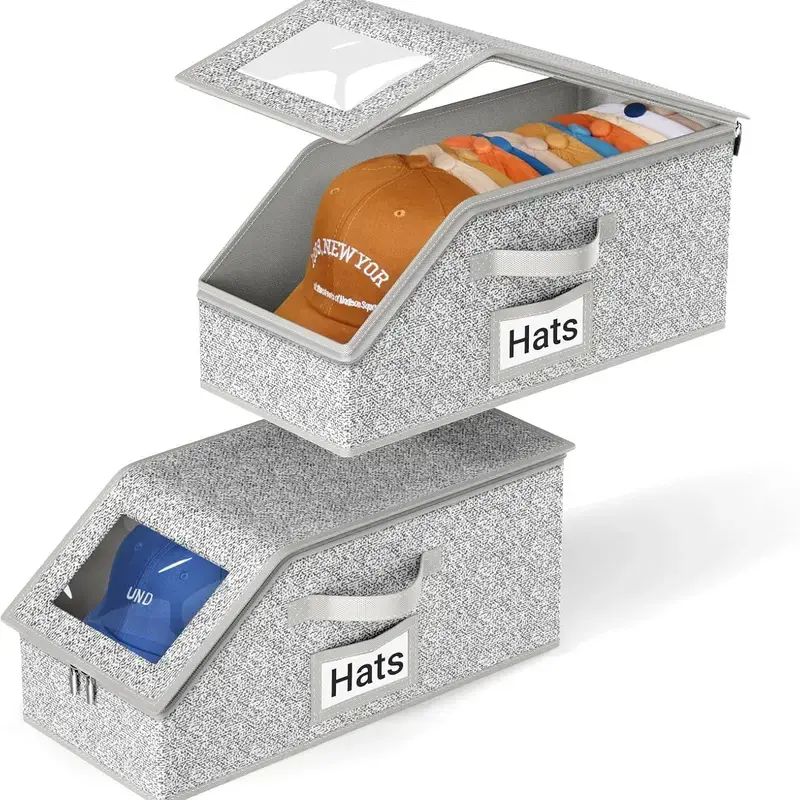 Stackable Hat Storage Boxes for Baseball Caps, Holds Up to 24 Hats, Durable Cardboard Box for Men, Classic Style, Wardrobe Organizer  storage organization organizer storage sturdy snapback box toy box toy organizer storage stuffed animal storage Grey tik