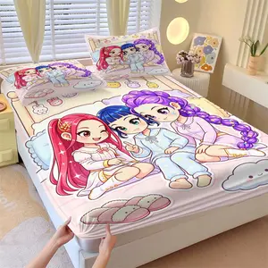 3-Piece K-pop Girl Group Pajama Party Fitted Sheet Set, 1 Fitted Sheet + 2 Pillowcases, Soft Comfortable Breathable Fabric, Deep Pocket Non-Slip Mattress Cover, All Season Kawaii Cartoon Bedding for Kids Girls Teens Bedroom