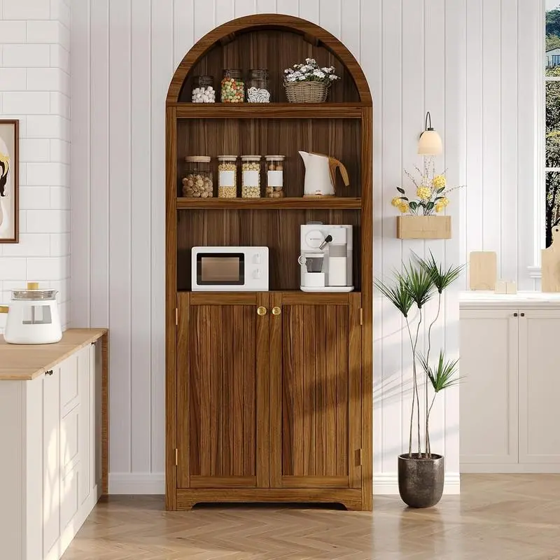 72" Tall Walnut Wooden Arched Bookshelf Cabinet - 5-Tier Storage, Double Doors, Adjustable Shelf, Built-in Drawers, Anti-Tip Safe, Metal Accents, 29.92x11.81x71.65 in, Elegant Indoor Furniture, Assembly Required for Living Room, Home Office