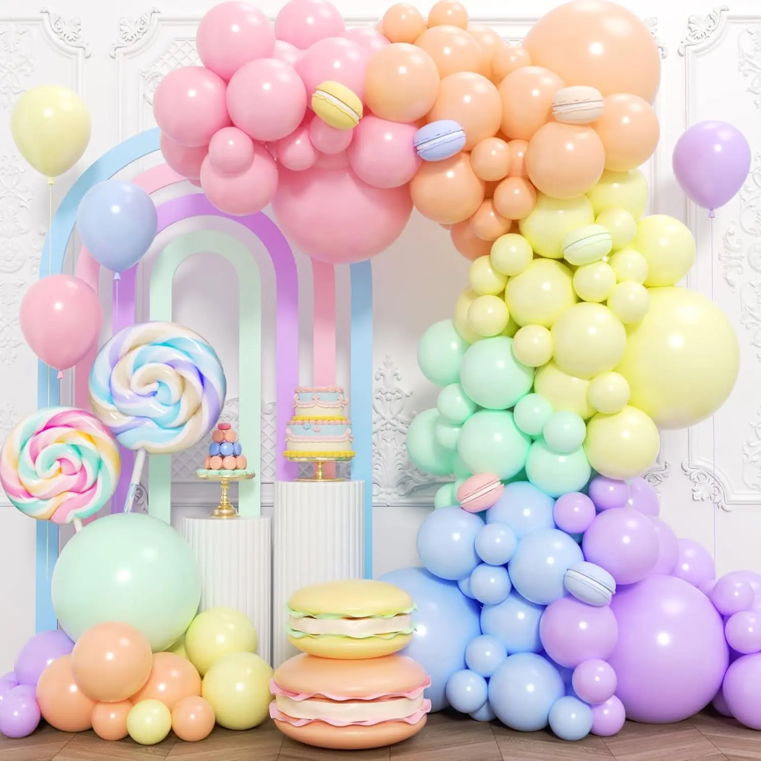 174pcs Pastel Rainbow Macaron Balloon Arch Kit with Elastic Band & Letter Print, Blue and Yellow Pink and Red Brown Glass Balloons, Birthday Party Decor for Spring Baby Shower Home Festive Supplies