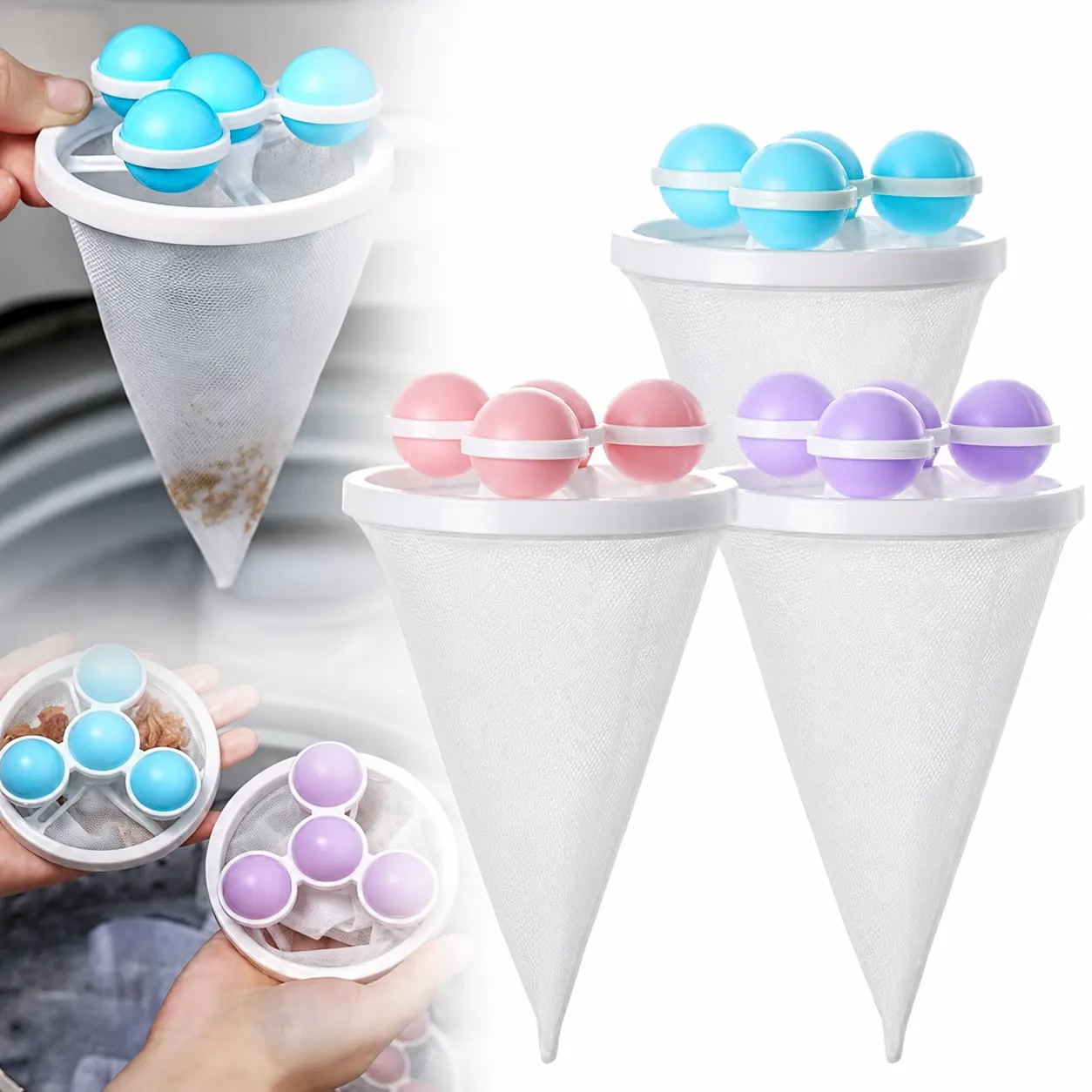 3-Pack Reusable Mesh Floating Washing Machine Filter Bags - Laundry Accessories, Household Items, Plastic Accessories for Top Load Washers, Collects Loose Lint, Threads, Pet Hair (Blue, Pink, Purple)