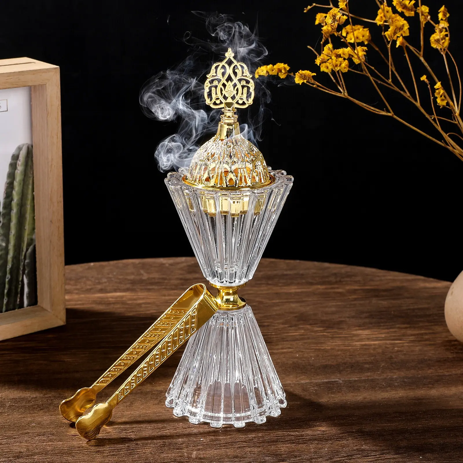 1PC Light Luxury Crystal Flower Aroma Burner Arabic Home Decor Incense Burner Muslim Festival Candle Holder Ornament Aromatherapy Home Fragrances Calming Home Fragrance Home Fragrance Products