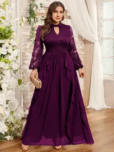 MISSMAY P54535A Plus Curvy Elegant Keyhole Neckline Floral Lace Lantern Sleeve Contrast Chiffon Ruffle Hem Formal Evening Party Dress, Fall Dress, Prom Evening Wedding Guest Gown, For Birthday, Graduation, Dinner, Festivals