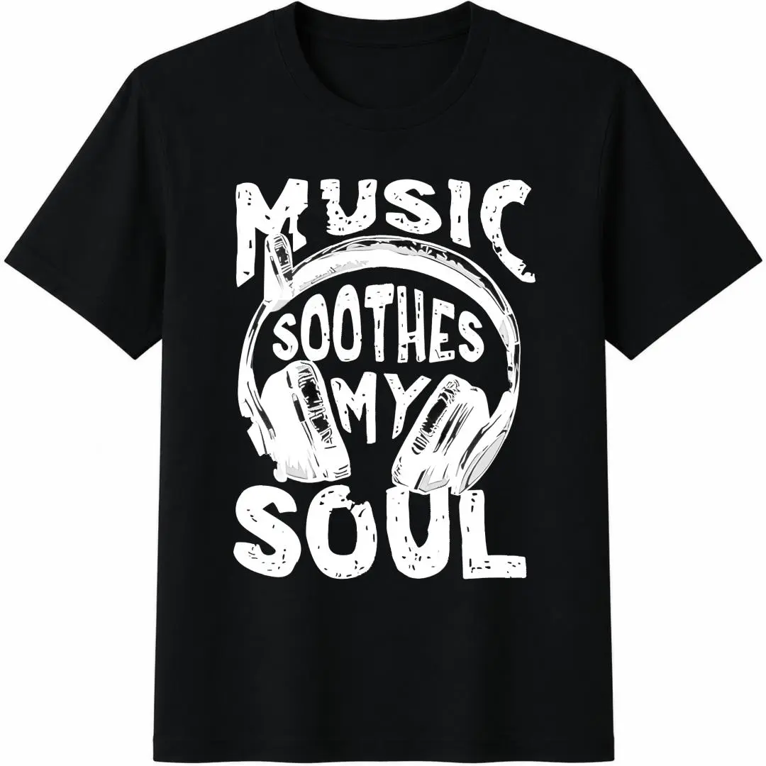 SHEIN LUNE Women's Casual Lightweight Breathable Short-Sleeve Round Neck T-Shirt with 'Music Soothes My Soul' Headset Graphic & Letter Slogan, Sports & Outdoor Top, Matching, Shortsleeve, Cotton