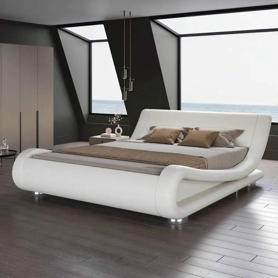 Full/Queen/King Size Upholstered  Frame, Deluxe Low Profile Sleigh  With Faux Leather Ergonomics Headboard, No Box Spring Needed & Easy Assembly, White Bed Modern Black Color Block Sofa Set Marble Dining Table