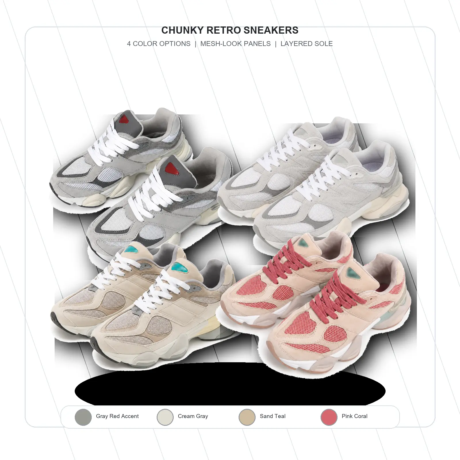 Chunky Retro Sneakers, Lace-Up Low Top Casual Shoes with Mesh-Look Panels and Layered Thick Sole, 4 Color Options