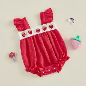 Cute red strawberry lace edge jumpsuit, sleeveless pleated bubble jumpsuit, bottom snap, summer casual walking suit (0-18M)