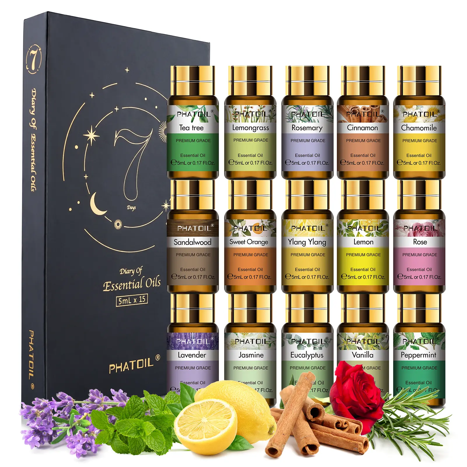 PHATOIL 15pcs Aromatherapy Essential Oil Set with Lavender Lemon Eucalyptus Vanilla for Home Fragrance Aroma Diffuser Air Freshener Perfume Candle Valentine's Day Gifts