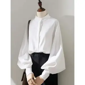 Jmprs Elegant Women Chiffon Shirts Loose Lantern Sleeve Korean Office Ladies Shirts Button Up Fashion Stand Collar Tops Womenswear Blouse