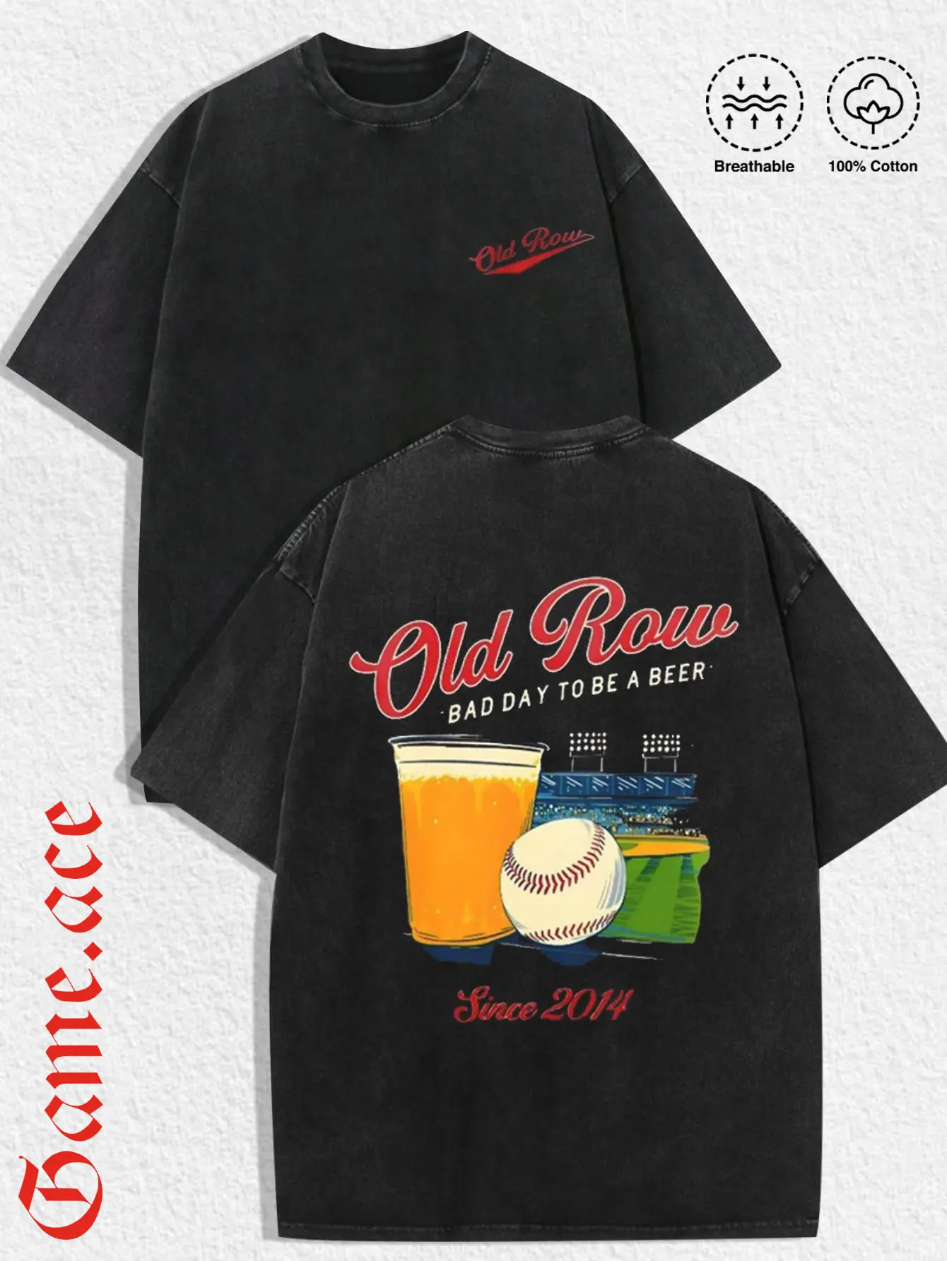 1 PCS GAME.ACE Retro Washed Black Oversized Tee, Front Small "Old Row" Logo + Back "Old Row BAD DAY TO BE A BEER Since 2014" with Baseball & Beer Graphic, Casual Sports Streetwear, 100% Cotton Breathable Unisex T-Shirt, Christmas Parties, Daily Fashion