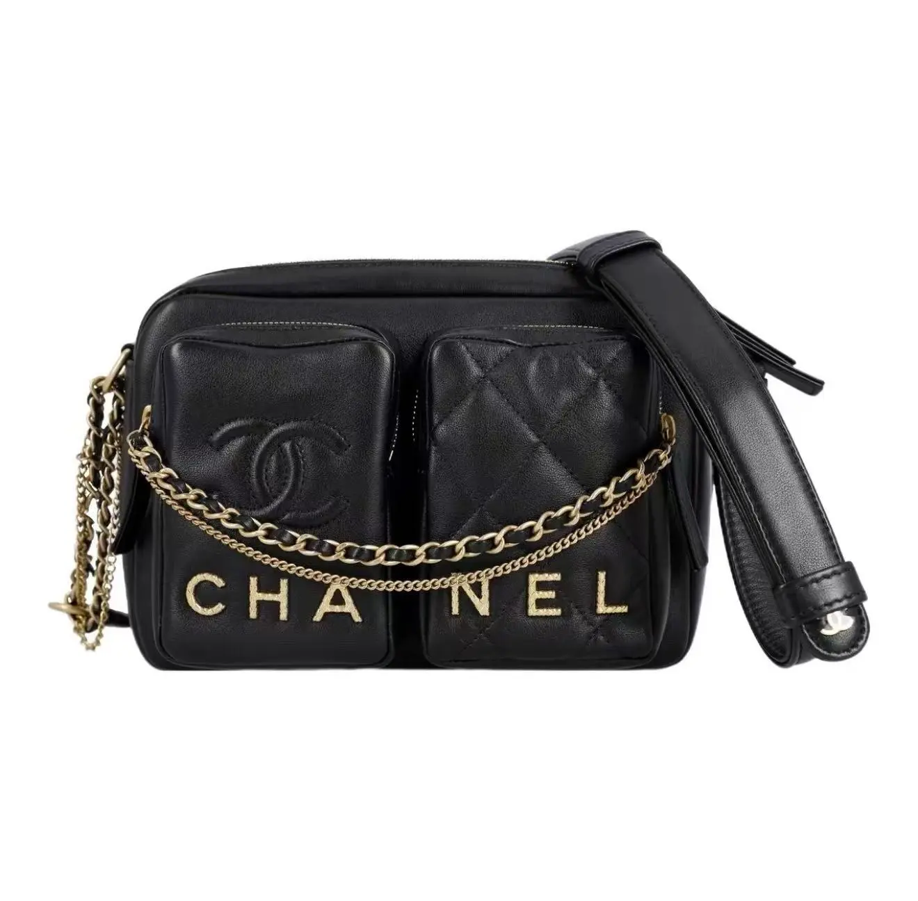 Pre-owned CHANEL 22C Black Gold Double Pocket Dynamite Crossbody Bag with Chip (2603092)