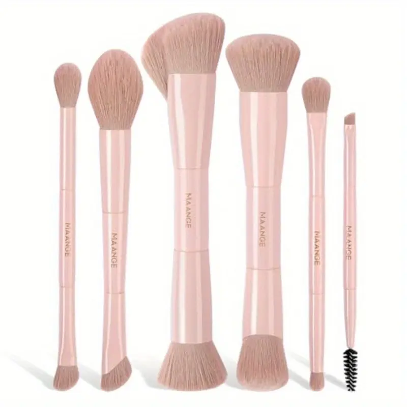 6-Piece Makeup Brush Set Double-Ended Foundation Eyeshadow Blush Highlighter Blending Loose Powder Concealer Brush Pink