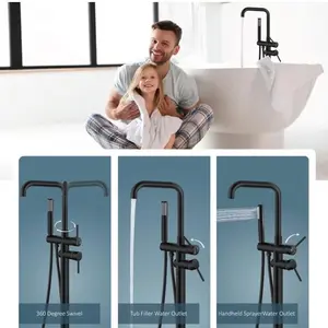 Aolemi Floor Mount Tub Faucet Freestanding Bathtub Filler Standing High Flow Shower Faucets Shower Mixer Taps Swivel Right Angle Spout with Cylinder Handheld Matte Black
