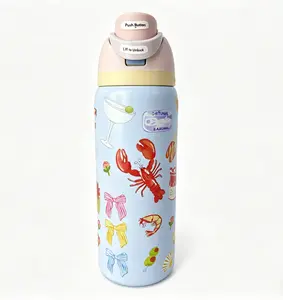 Owala 32oz Coastal Lobster & Cocktail Print Insulated Water Flask - Leak-Proof Flip Lid with Button, BPA-Free, Coquette Lobster & Bow Design, Portable, Stylish, Great for School/Travel