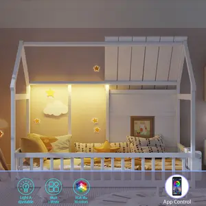 Twin Size House Floor Bed With LED Light Adjustable RGB Multi-Mode App Control Solid Wood Frame Super Quality Low-to-the-ground Design