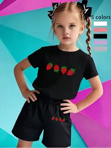Girls' Strawberry Fresh T-Shirt Shorts Set, Simple Fruit Pattern, Soft Skin-Friendly Fabric, Fashion Summer