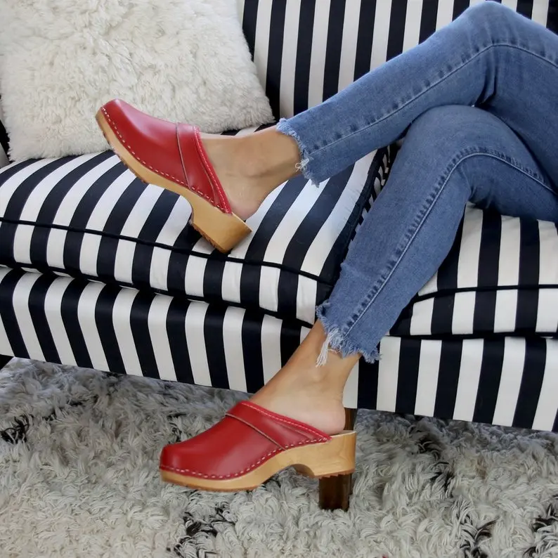 Maja Wood Open Back Red Leather Clogs - Walking Shoes