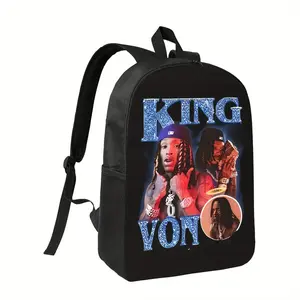 A King Von Lightweight Polyester Backpack for School - Black Casual Printed Backpack with Adjustable 23.62inch Shoulder Straps, Zipper Closure & Hand Wash Care, Simple & Elegant Design, for Teenager