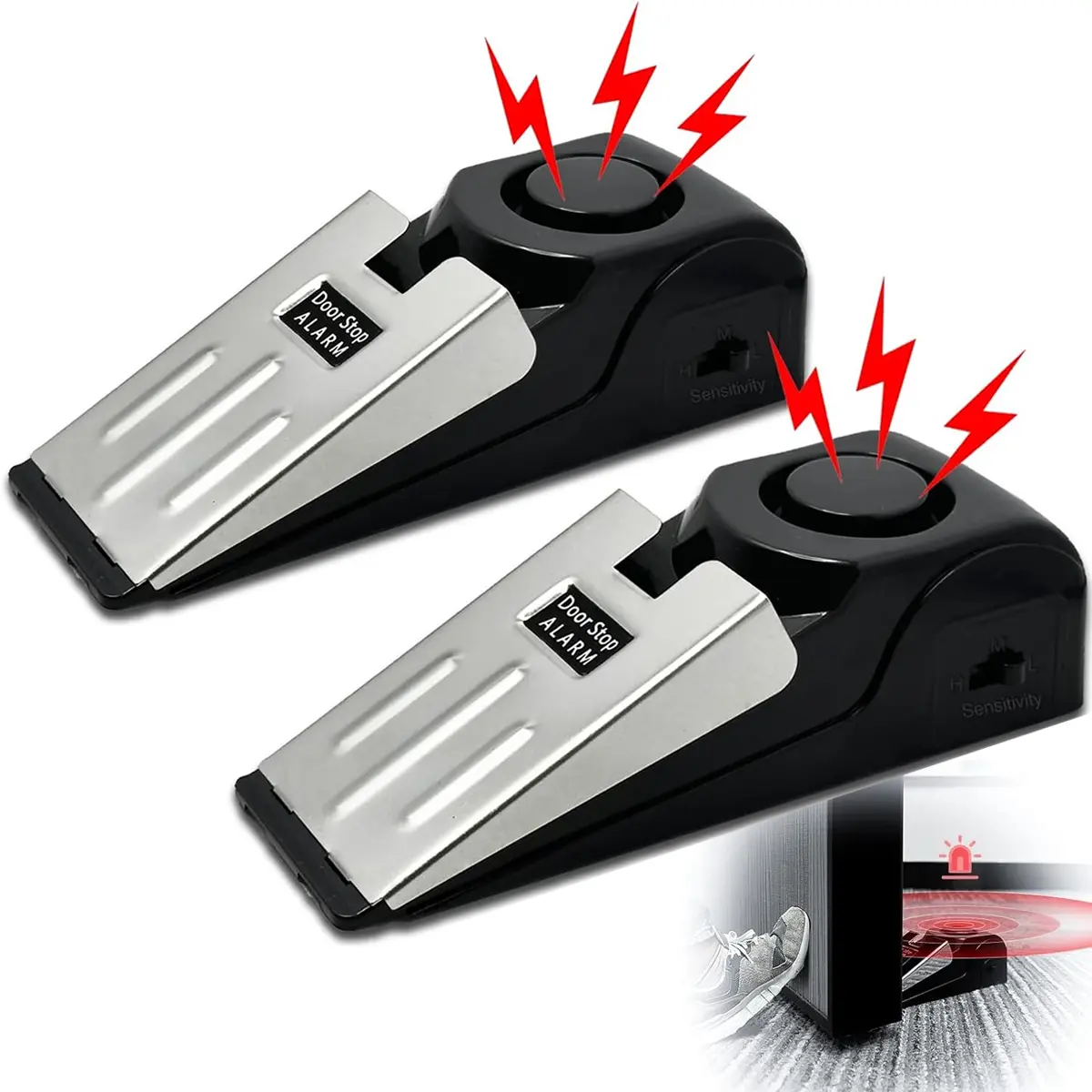 1/2-Pack Home Security Door Stopper Alarm - Easy to Install No Tools Needed, 3 Sensitivity Modes, 120DB Loud Anti-Theft Alarm, Stainless Steel Pressure-Resistant, Instant Alarm When Pushed