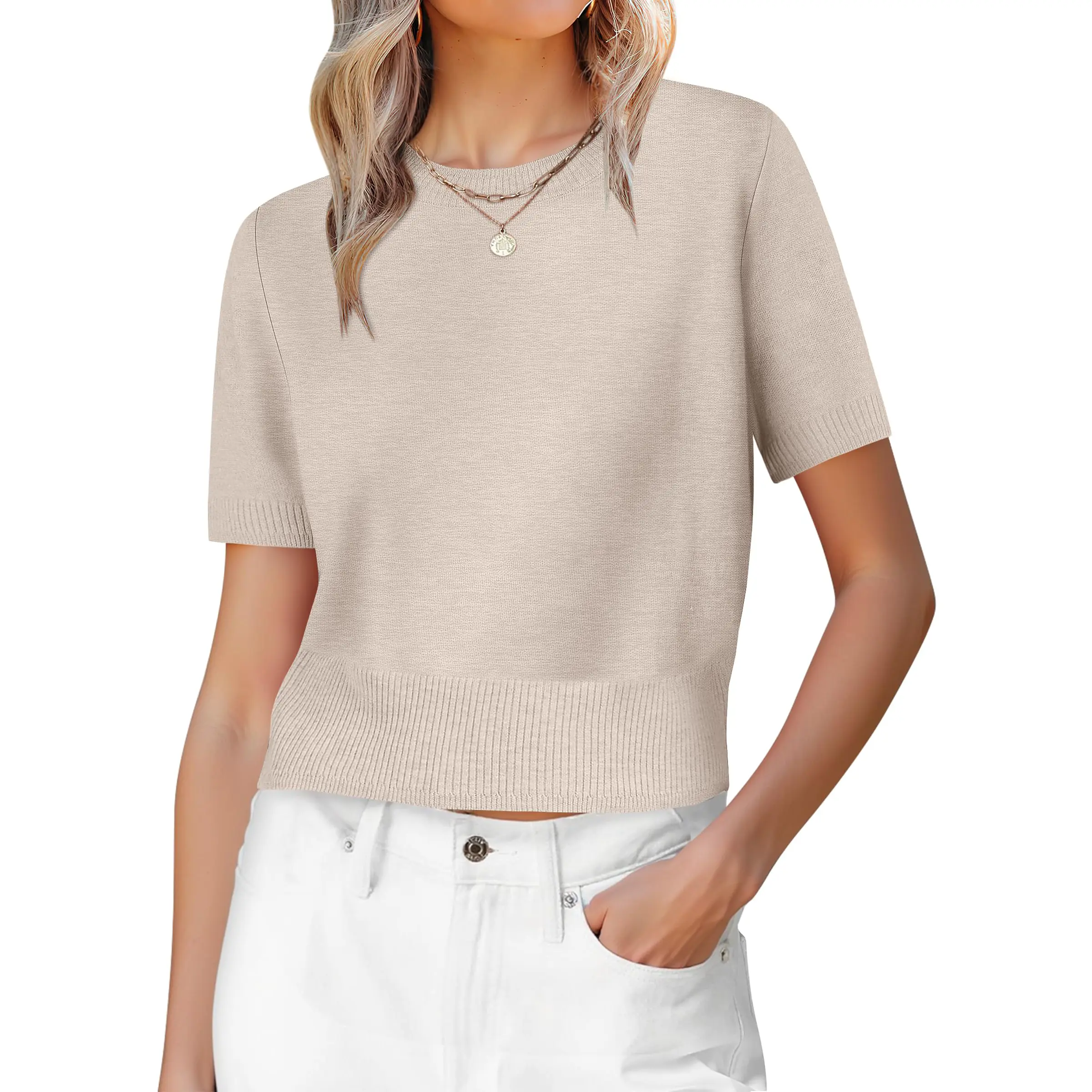 ANRABESS Womens Short Sleeve Sweaters Cropped Crew Neck Business Casual Lightweight Sweater 2026 Spring Summer Outfit
