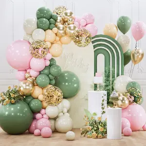 PartyWoo 142-Piece Round Pink & Green Balloon Arch Garland Kit with Pump, 18/12/10/5-Inch Metallic Gold, Baby Pink, Sage Green, Sand White, Nude & Confetti Balloons for Birthday Decorations