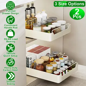 2-Piece Drill-Free Pull-Out Cabinet Organizer Set, Heavy-Duty Carbon Steel Metal Slide-Out Drawer Pantry Shelves with Adhesive, Easy-Install Multi-Size Home Storage Racks for Vanity