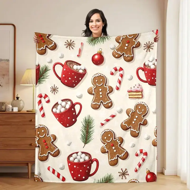 Gingerbread Man Christmas Throw Blanket for Adults, Festive Holiday Tree & Cookie Theme Flannel, Plush Texture, Cozy Warmth, Multi-Purpose for Bedroom Couch Travel Home Decor Gifts