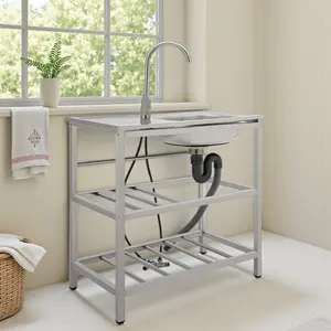 CNCEST Freestanding Utility Sink 201 Stainless Steel with Faucet & Drain Large Basin Commercial Use 88LB Capacity for Kitchen Laundry Food Truck