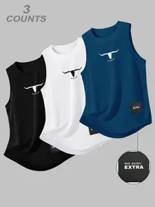 Men's 3-Piece Set Letter Bull Head Print Round Neck Sleeveless T-Shirt, Casual Comfortable Top Sport Vests, Summer Outdoor Fitness Wear, Workout Vest, Sleeveless Gym Tops