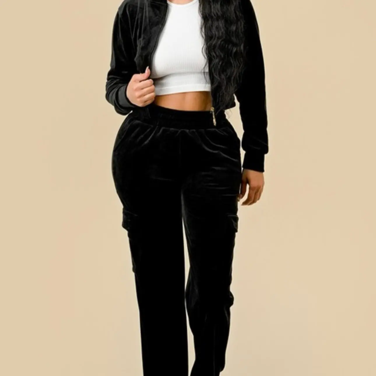 Women's Velour Cargo Matching Sweatsuit - Comfortable Pants - Womenswear Clothing Fabric Hoodie