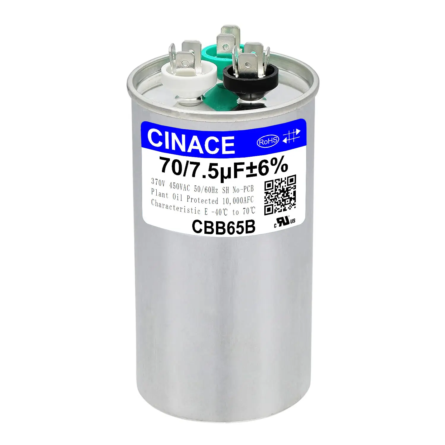CINACE CBB65 Dual Run/Start Circular Capacitor, 70+7.5uF (70/7.5MFD) ±6%, 370/450VAC Voltage, 50/60Hz, 125*50mm, Versatile Compatibility for AC Motors, HVAC Units, Fans