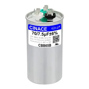 CINACE 70+7.5uF 70/7.5MFD ±6% CBB65 Dual Run Circular and Start Capacitor For Air Conditioner, AC Motor Run, Fan Start, Condenser Straight Cool, Heat Pump, Condenser Unit, HVAC, Ice Maker 370/450VAC 50/60Hz Size 125*50mm