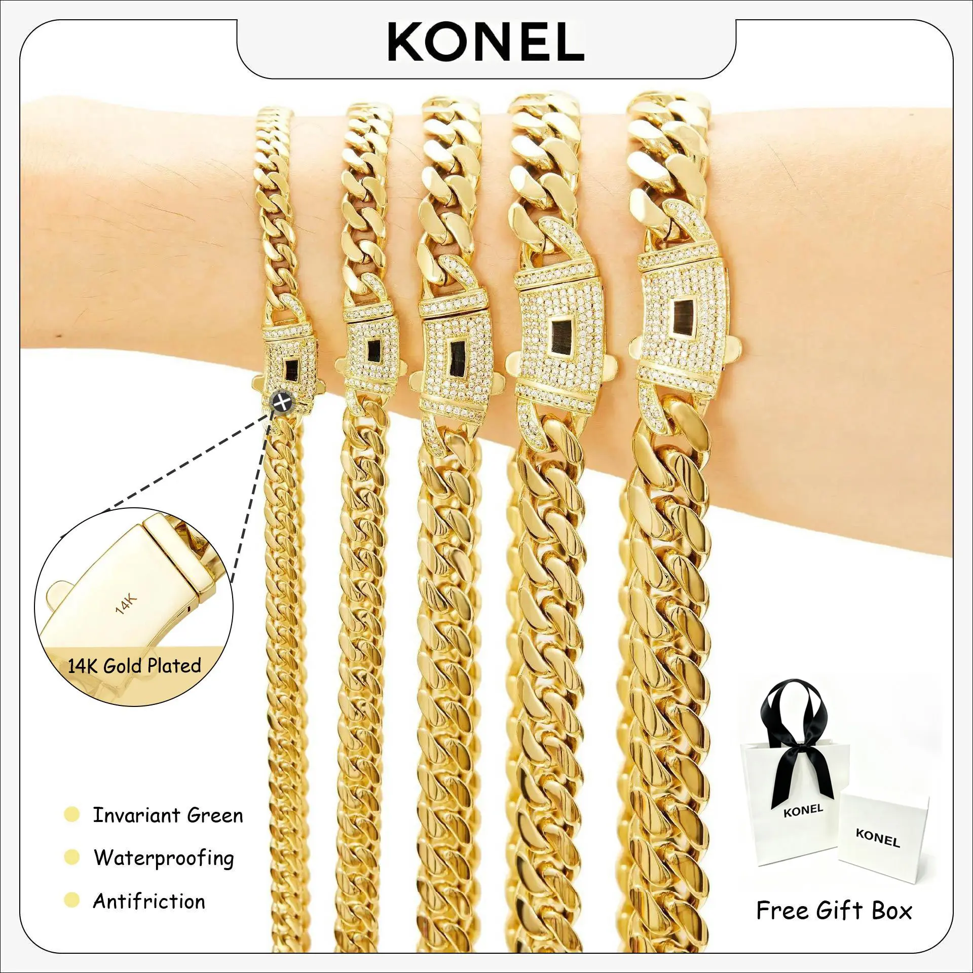KONEL 14K Real Gold-Plated Cuban-style necklace and bracelet, paired with Miami-style chain. Made of stainless steel, resistant to scratches. The clasp is made of 5A grade zirconium oxide inlay, a must-have accessory for the back-to-school season.