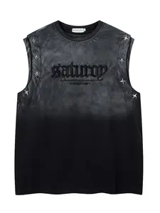 American Vintage Tie-Dye Gradient Letter Embroidery Star Metal Button Vest, Men's Fashion Casual Sleeveless T-Shirt, Trendy and Comfortable