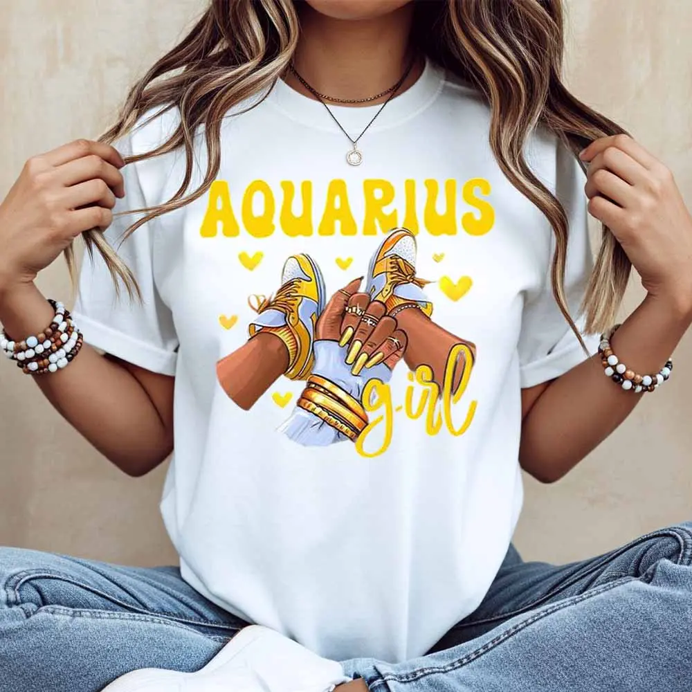 Aquarius Girl Zodiac Sign Print T Shirt White Casual Loose Fit Tee For Women Perfect For Everyday Wear And Leisure Activities