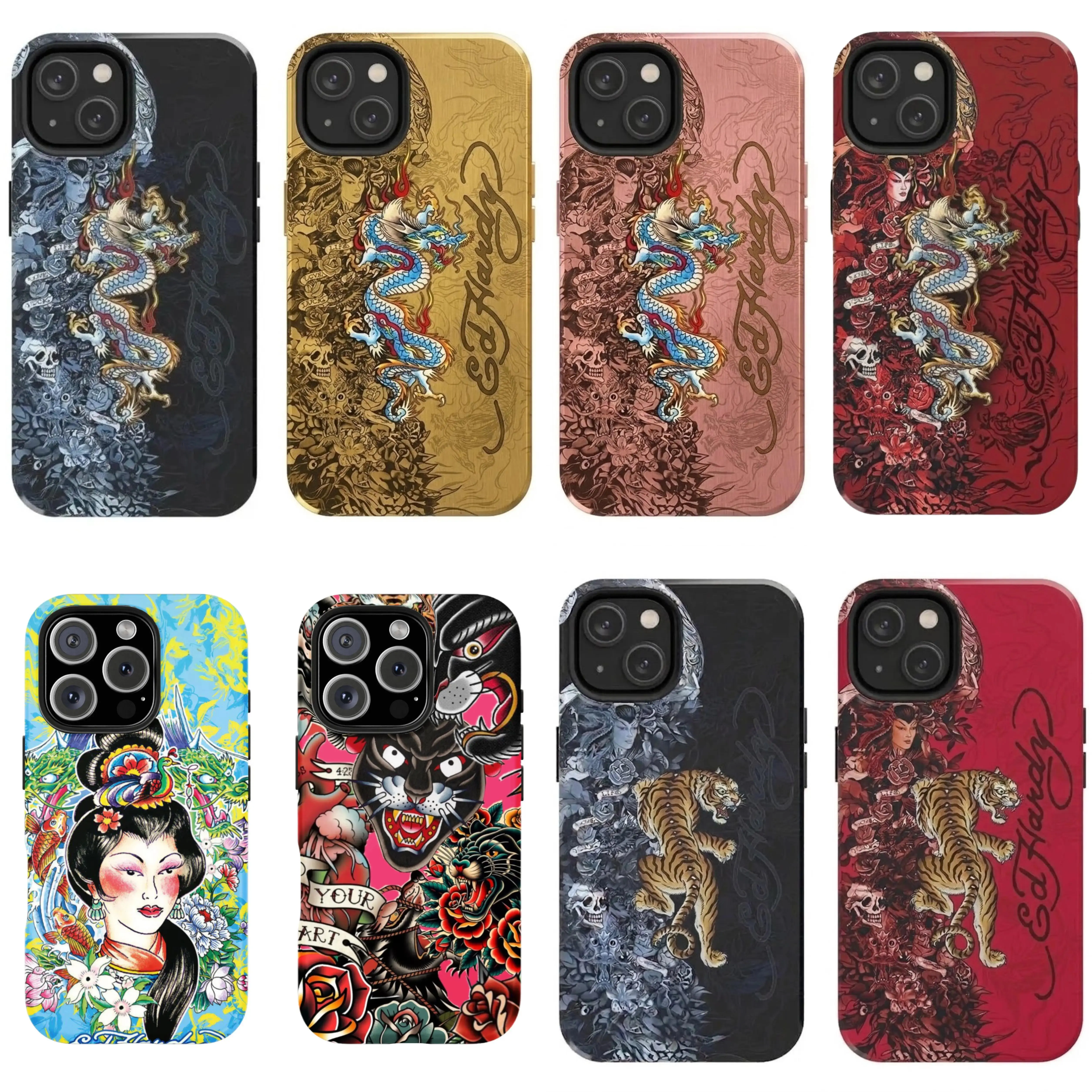 Pink Ed Hardy Skull Leopard Tattoo iPhone Case Aesthetic Y2k Trendy Tiger Ed Hardy Collage Phone Case fSuitable for iPhone 17-11 Pro Max/Plus and  Samsung Galaxy S23-25
