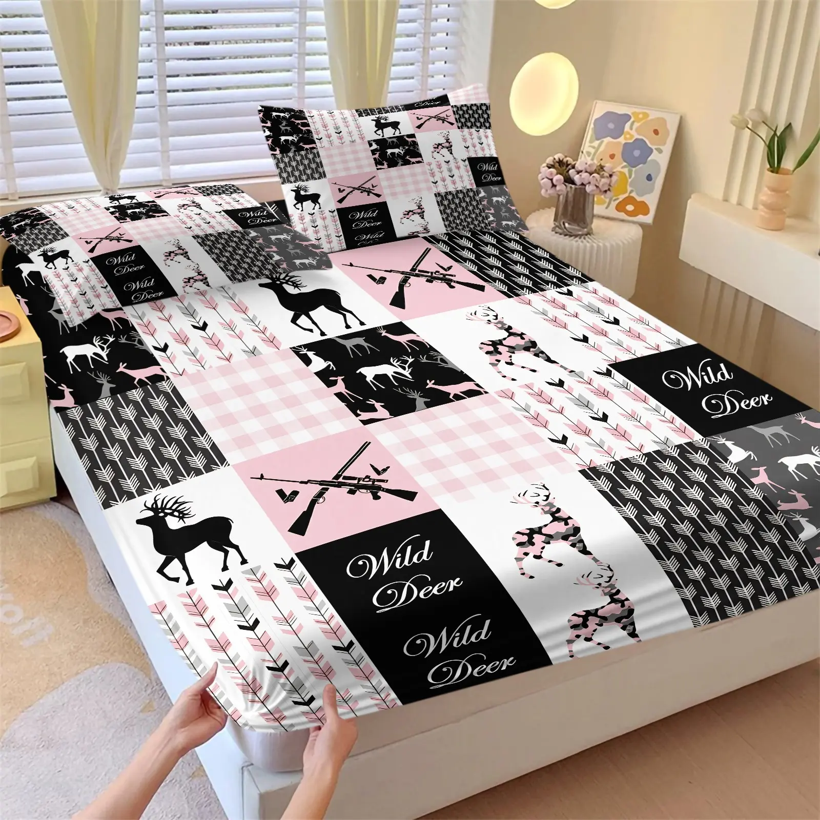 Deer Hunting Patchwork Fitted Sheet Set & 2 Pillowcases No Core, Black Deer Silhouette Pink Camo Deer Pink Plaid, Arrow Elements, Soft Non-Slip Wrinkle Resistant, Country Western Style Bedroom Decor Gift