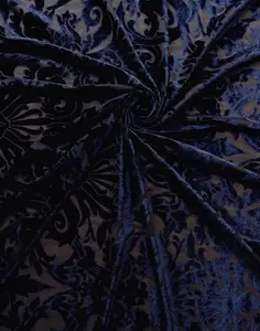 NAVY BLUE Damask Floral Burnout Stretch Velvet Fabric (58 in.) Sold By The Yard