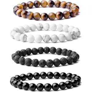 Natural 8mm Semi-Precious Gemstones Healing Crystal Stretch Beaded Bracelet Set Unisex 4 Pieces Lava Stone Howlite Tiger Eye Onyx 19cm Length