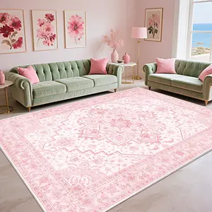 PLUMLIK Pink Bohemian Washable Rugs For Living Room, Dining Room, Soft Low Pile Rug Non Slip Decorative Rug For Bedroom, Performance Rug For Home Decor, Ideal For High Traffic Areas, Gift For Mother's Day, Housewarming non-shedding boho large carpet rug