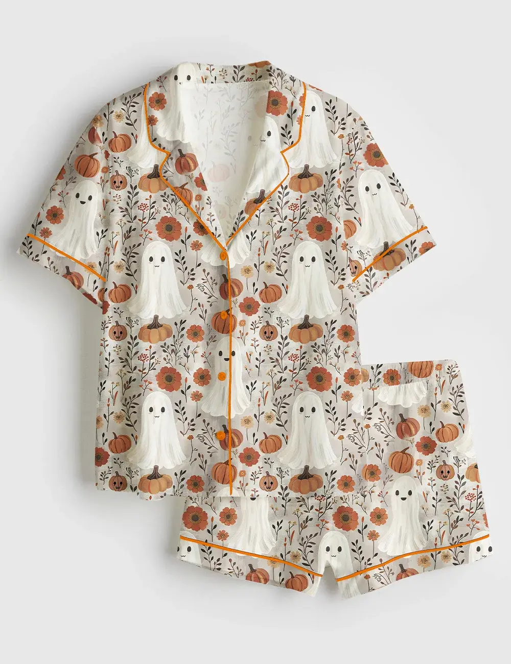 Women’s Cute Ghosts And Pumpkins Halloween Short & Long Sleeve Satin Pajama Set