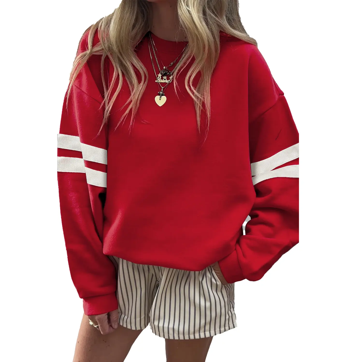 Znacicc Women's Game Day Varsity Striped Orange Long Sleeve Drop Shoulder  Winteroutfit Oversized Pullover Sweatshirts for Everyday Wear  Casual Style