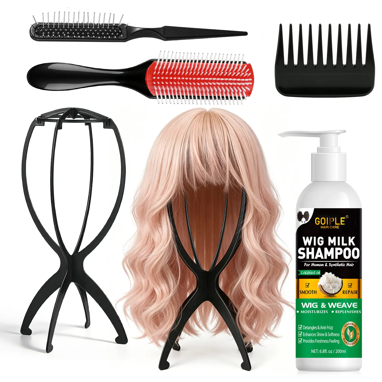 Goiple Women's Wig Tool Combo Pack - Foldable Travel-Friendly Holder, Head Stand, Brush, 2-in-1 Milk Shampoo for Human & Synthetic Hair, Cleans & Revitalizes, Hydrates & Moisturizes, Boosts Silkiness & Shine, Easy Combing
