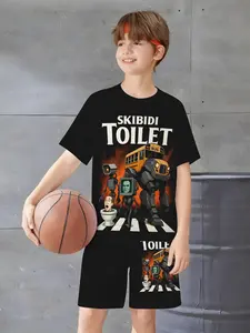 Boys' Sports Casual Set, Skibidi Toilet Trendy Print Short Sleeve Shorts, Quick-Dry Breathable Kids Basketball Two-Piece Set