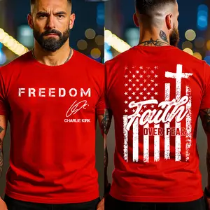 Faith Over Fear Wear Red October 14th Shirt,  Rest in Peace T-shirt, Signature Tribute America Outfit, USA flag 2 sided Tee, Graphic True Patriot Top, Christian Shirt, Gift For Him