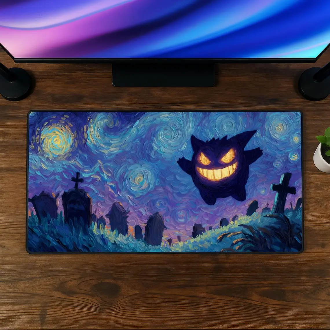 Gengar Mouse Pad Gothic Night Desk Mat, Ghost Anime Gaming Mousepad, Spooky Starry Art XXL Desk Pad, Purple Aesthetic Gamer Decor