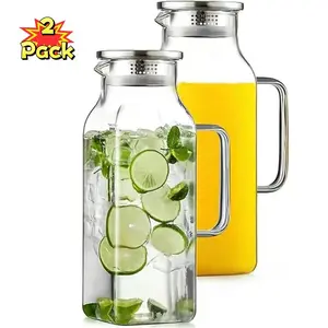 2 Pack 68oz Square Glass Pitcher with Lid & Handle for Fridge, Iced Tea & Coffee Carafe, Heat Resistant Borosilicate Water Jug for Hot/Cold Drinks & Milk