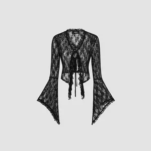 Cider [size 2-10] Lace V-neck Solid See-through Long Sleeve Top