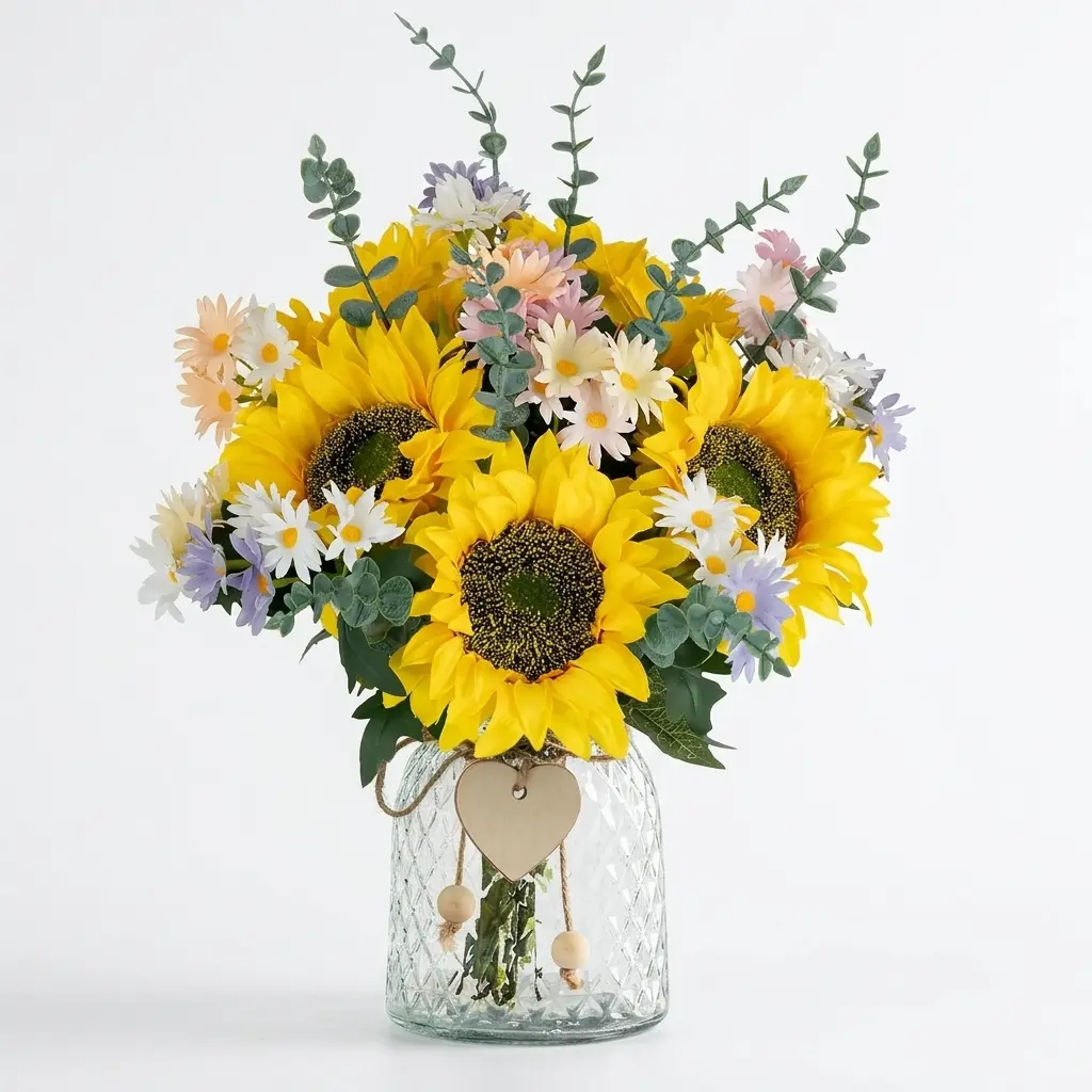 Sunflower Fake Flowers in Vase: Sunflowers Artificial Flowers with Vase for Table Centerpieces Decor - Silk Flower Bouquet Faux Arrangements Kitchen Bathroom Wedding Party Decoration