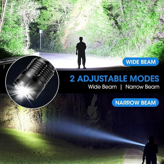 2-Pack Rechargeable High Lumen Flashlights - 9000 LM Super Bright Adjustable LED, IPX7 Waterproof, 5 Modes Including SOS Strobe, Zoomable 3280FT Long Range Torch for Camping, Emergency Use, Flashlight, Outdoor power outage water resistant